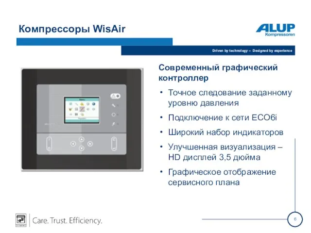 Компрессоры WisAir Современный графический контроллер Точное следование заданному уровню давления Подключение к