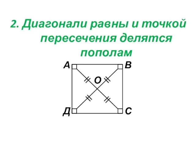 2. Диагонали равны и точкой пересечения делятся пополам О