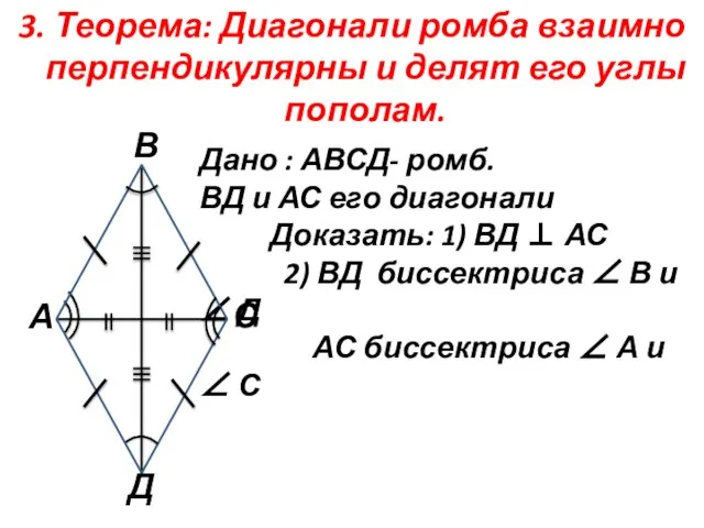 3. Теорема: Диагонали ромба взаимно перпендикулярны и делят его углы пополам. Дано