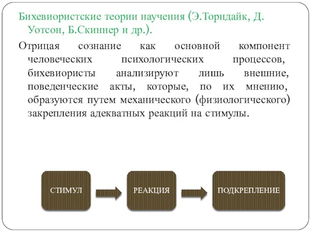 Бихевиористские теории научения (Э.Торндайк, Д.Уотсон, Б.Скиннер и др.). Отрицая сознание как основной