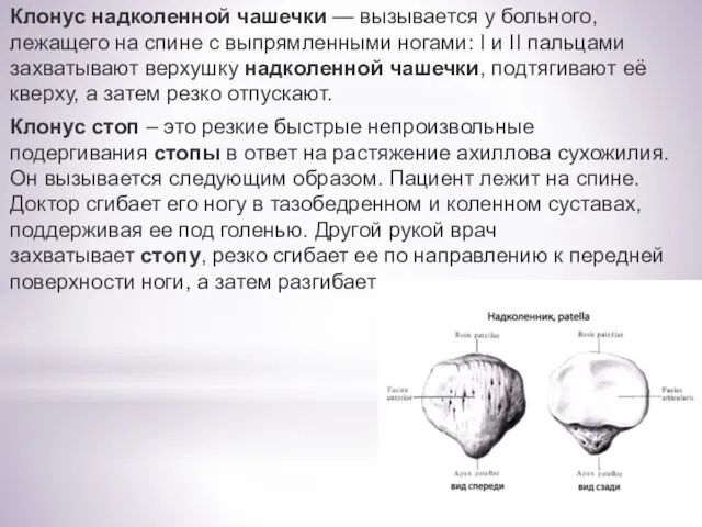 Клонус надколенной чашечки — вызывается у больного, лежащего на спине с выпрямленными