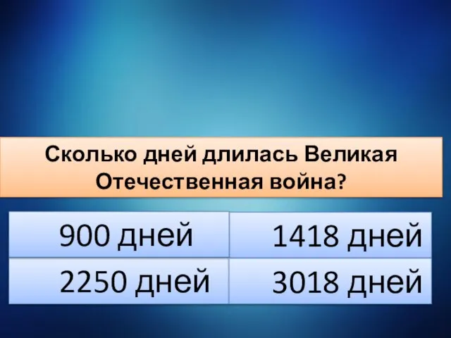 Сколько дней длилась Великая Отечественная война? 2250 дней 1418 дней 900 дней 3018 дней