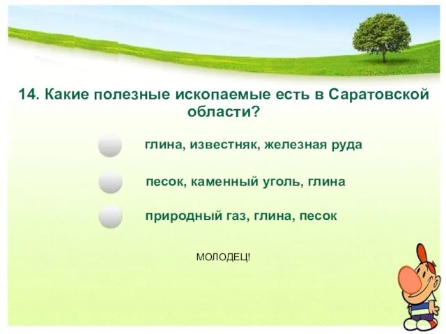 14. Какие полезные ископаемые есть в Саратовской области? глина, известняк, железная руда