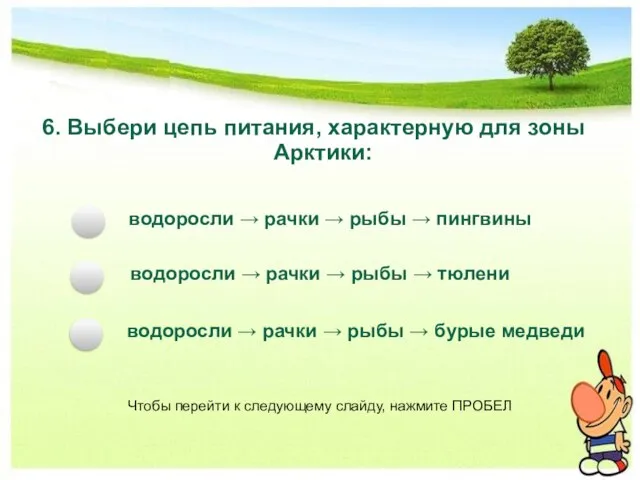 6. Выбери цепь питания, характерную для зоны Арктики: водоросли → рачки →