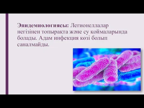 Эпидемиологиясы: Легионеллалар негізінен топырақта және су қоймаларында болады. Адам инфекция көзі болып саналмайды.