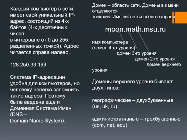 Каждый компьютер в сети имеет свой уникальный IP- адрес, состоящий из 4-х