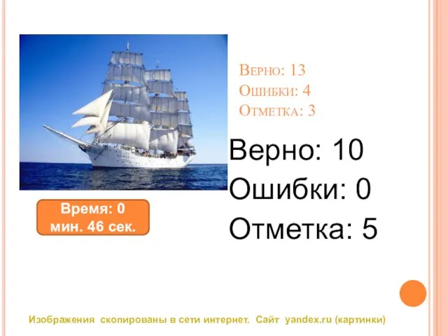 Верно: 13 Ошибки: 4 Отметка: 3 Верно: 10 Ошибки: 0 Отметка: 5