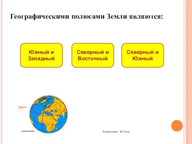 Географическими полюсами Земли являются: Северный и Южный Южный и Западный Северный и Восточный Атамановка 2013год