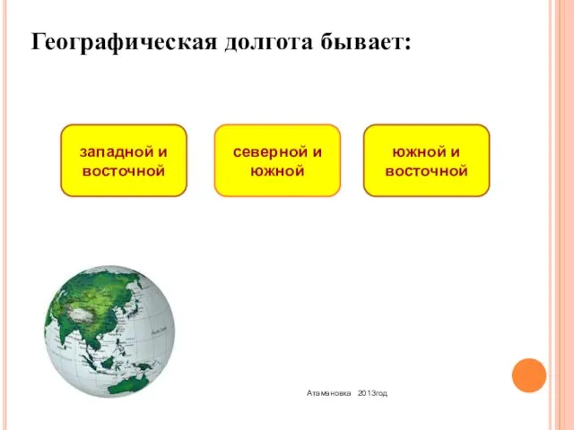 Географическая долгота бывает: западной и восточной северной и южной южной и восточной Атамановка 2013год