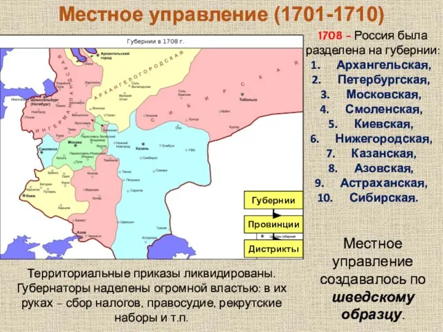 1708 - Россия была разделена на губернии: Архангельская, Петербургская, Московская, Смоленская, Киевская,