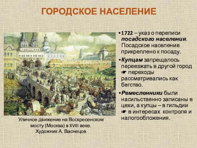 ГОРОДСКОЕ НАСЕЛЕНИЕ 1722 – указ о переписи посадского населения. Посадское население прикреплено