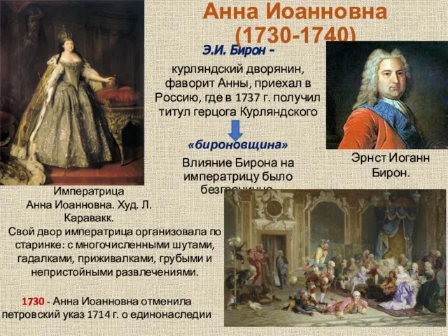 Анна Иоанновна (1730-1740) Э.И. Бирон - курляндский дворянин, фаворит Анны, приехал в
