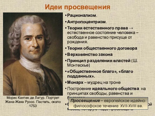 Идеи просвещения Рационализм. Антропоцентризм. Теория естественного права → естественное состояние человека –