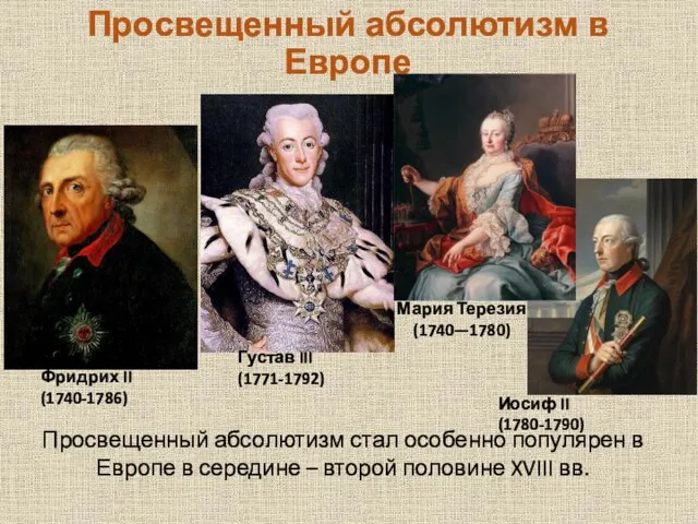 Просвещенный абсолютизм в Европе Фридрих II (1740-1786) Густав III (1771-1792) Иосиф II