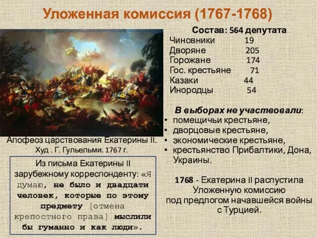 Уложенная комиссия (1767-1768) Состав: 564 депутата Чиновники 19 Дворяне 205 Горожане 174