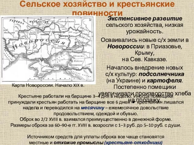 Сельское хозяйство и крестьянские повинности Экстенсивное развитие сельского хозяйства, низкая урожайность. Осваивались