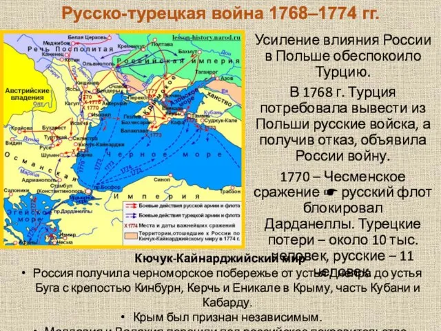 Русско-турецкая война 1768–1774 гг. Усиление влияния России в Польше обеспокоило Турцию. В