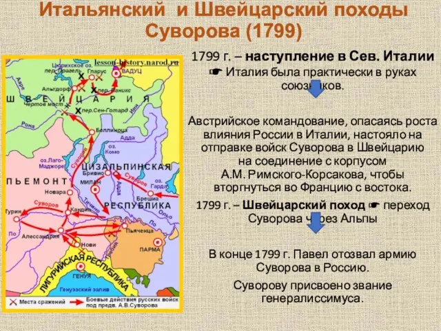 Итальянский и Швейцарский походы Суворова (1799) 1799 г. – наступление в Сев.