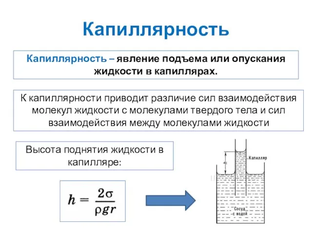 Капиллярность Капиллярность – явление подъема или опускания жидкости в капиллярах. К капиллярности