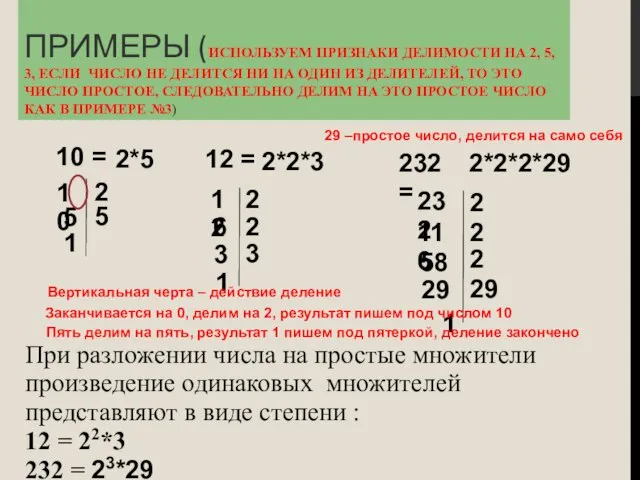 ПРИМЕРЫ (ИСПОЛЬЗУЕМ ПРИЗНАКИ ДЕЛИМОСТИ НА 2, 5, 3, ЕСЛИ ЧИСЛО НЕ ДЕЛИТСЯ