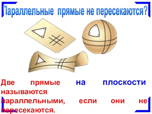 Параллельные прямые не пересекаются? Две прямые на плоскости называются параллельными, если они не пересекаются.