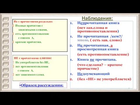 Наблюдения: Непрочитанная книга (нет зав.слова и противопоставления) Не прочитанная /кем?/ мною. (