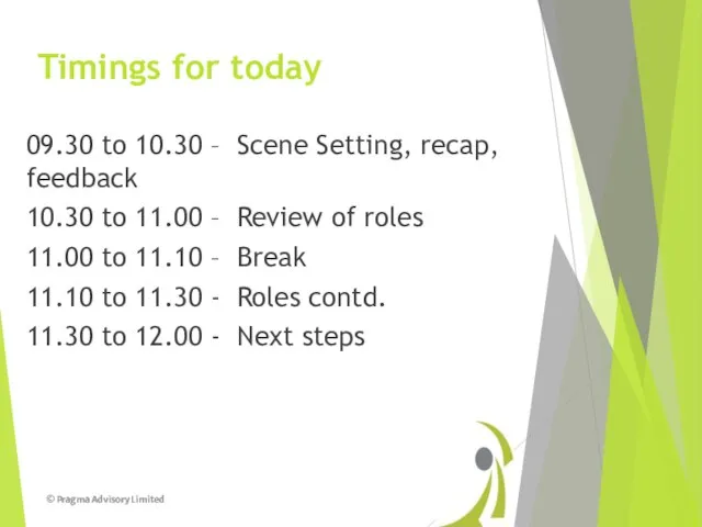 Timings for today 09.30 to 10.30 – Scene Setting, recap, feedback 10.30