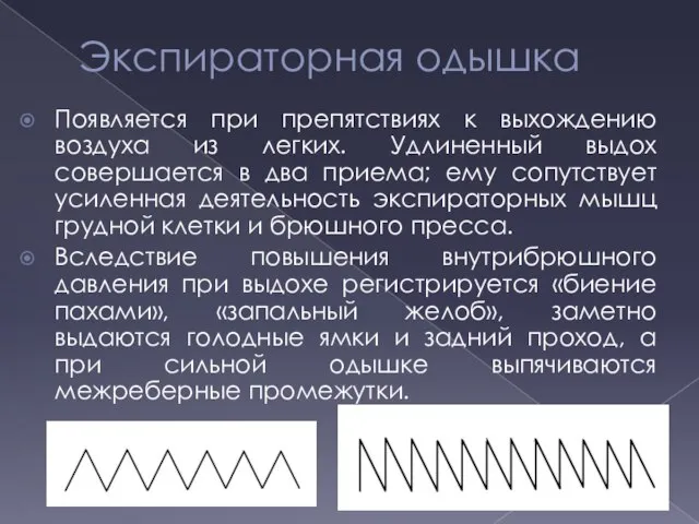 Экспираторная одышка Появляется при препятствиях к выхождению воздуха из легких. Удлиненный выдох