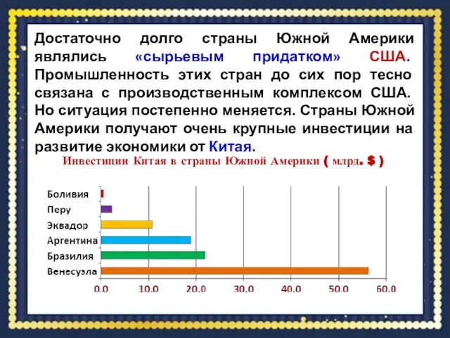 Достаточно долго страны Южной Америки являлись «сырьевым придатком» США. Промышленность этих стран