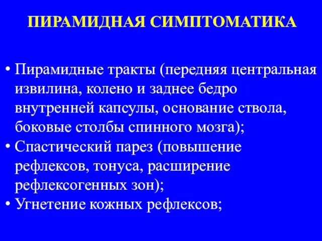 ПИРАМИДНАЯ СИМПТОМАТИКА Пирамидные тракты (передняя центральная извилина, колено и заднее бедро внутренней