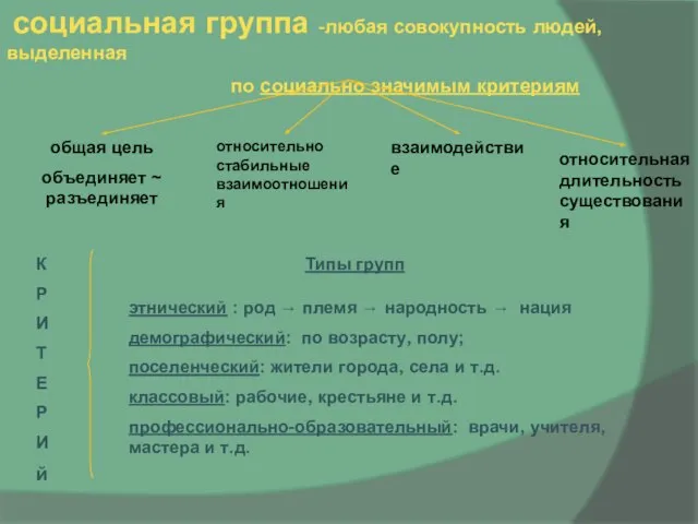 социальная группа -любая совокупность людей, выделенная по социально значимым критериям общая цель