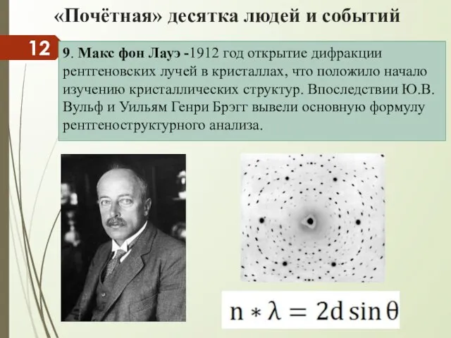 «Почётная» десятка людей и событий 9. Макс фон Лауэ -1912 год открытие