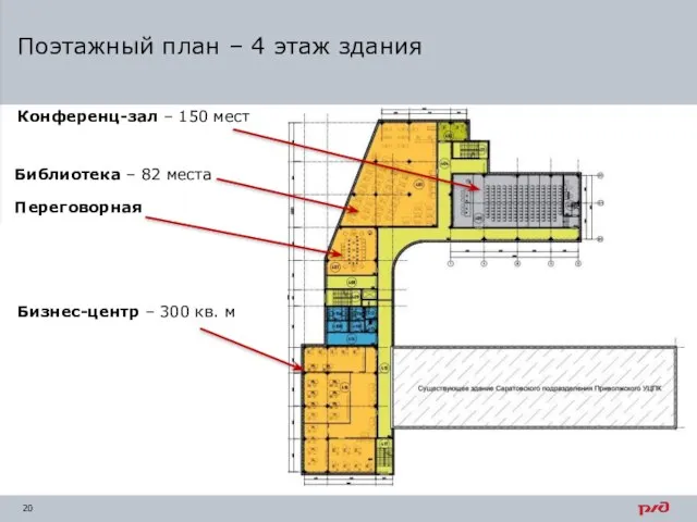 Поэтажный план – 4 этаж здания Конференц-зал – 150 мест Бизнес-центр –