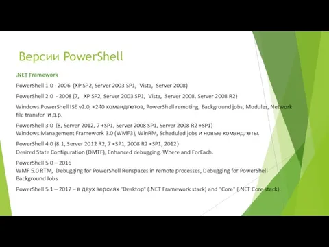 Версии PowerShell .NET Framework PowerShell 1.0 - 2006 (XP SP2, Server 2003