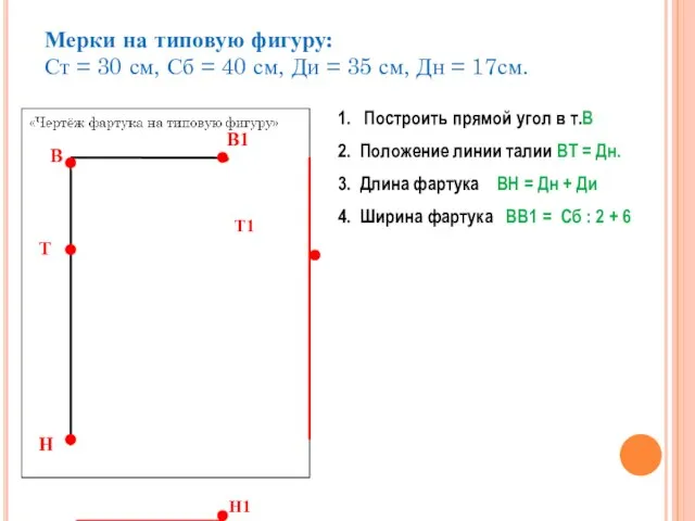 1. Построить прямой угол в т.В 2. Положение линии талии ВТ =