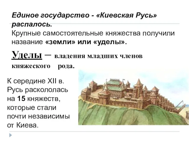 Единое государство - «Киевская Русь» распалось. Крупные самостоятельные княжества получили название «земли»