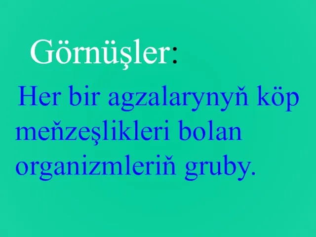 Görnüşler: Her bir agzalarynyň köp meňzeşlikleri bolan organizmleriň gruby.