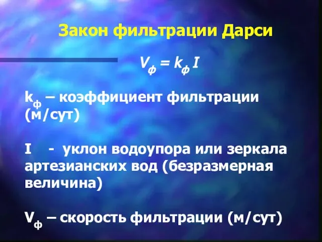 Закон фильтрации Дарси Vф = kф I kф – коэффициент фильтрации (м/cут)