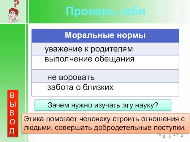 Проверь себя уважение к родителям выполнение обещания не воровать забота о близких