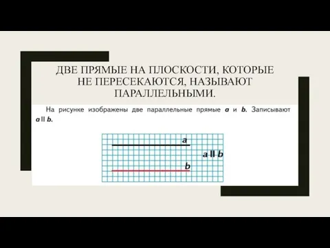 ДВЕ ПРЯМЫЕ НА ПЛОСКОСТИ, КОТОРЫЕ НЕ ПЕРЕСЕКАЮТСЯ, НАЗЫВАЮТ ПАРАЛЛЕЛЬНЫМИ.