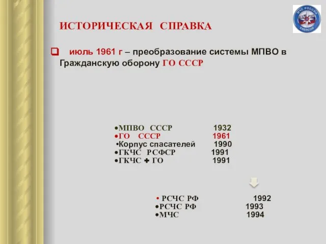 ИСТОРИЧЕСКАЯ СПРАВКА июль 1961 г – преобразование системы МПВО в Гражданскую оборону ГО СССР