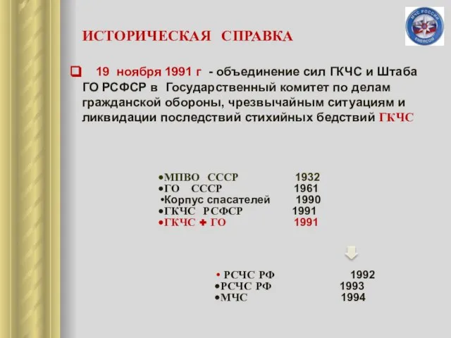 ИСТОРИЧЕСКАЯ СПРАВКА 19 ноября 1991 г - объединение сил ГКЧС и Штаба