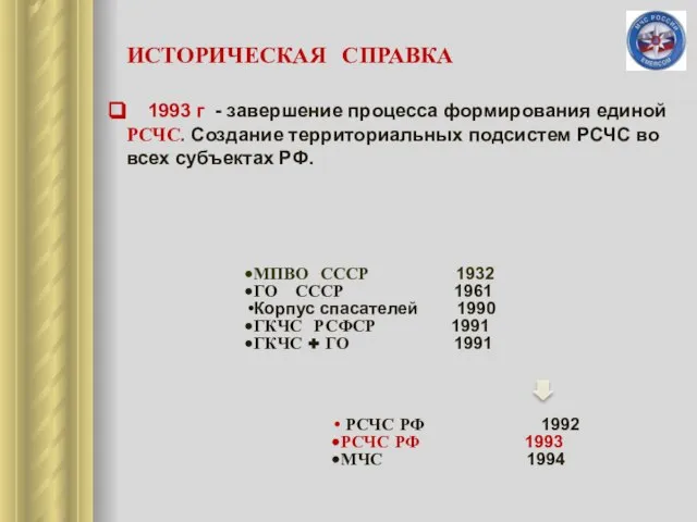 ИСТОРИЧЕСКАЯ СПРАВКА 1993 г - завершение процесса формирования единой РСЧС. Создание территориальных