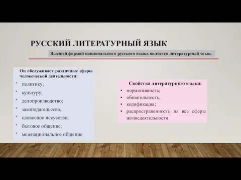 РУССКИЙ ЛИТЕРАТУРНЫЙ ЯЗЫК Он обслуживает различные сферы чело­веческой деятельности: политику; культуру; делопроизводство;