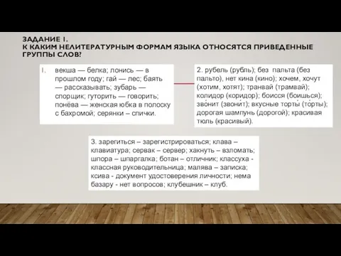 ЗАДАНИЕ 1. К КАКИМ НЕЛИТЕРАТУРНЫМ ФОРМАМ ЯЗЫКА ОТНОСЯТСЯ ПРИВЕДЕННЫЕ ГРУППЫ СЛОВ? векша