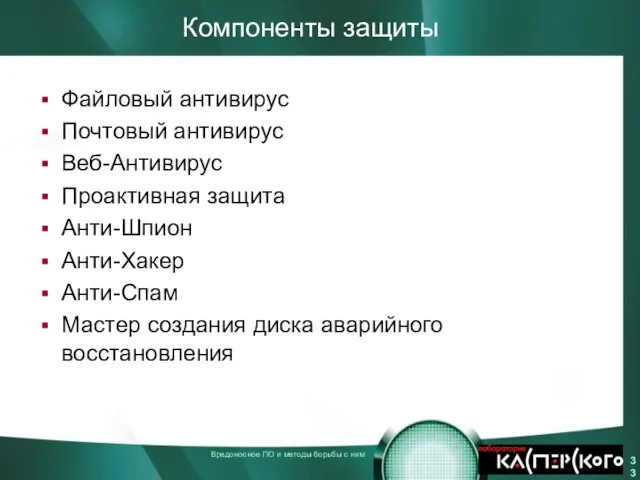 Компоненты защиты Файловый антивирус Почтовый антивирус Веб-Антивирус Проактивная защита Анти-Шпион Анти-Хакер Анти-Спам