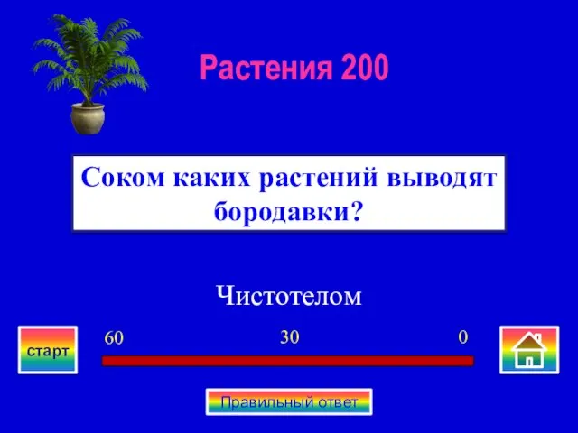 Чистотелом Соком каких растений выводят бородавки? Растения 200 0 30 60 старт Правильный ответ