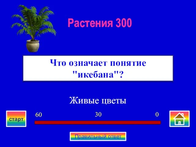 Живые цветы Что означает понятие "икебана"? Растения 300 0 30 60 старт Правильный ответ