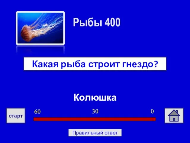 Колюшка Какая рыба строит гнездо? Рыбы 400 0 30 60 старт Правильный ответ