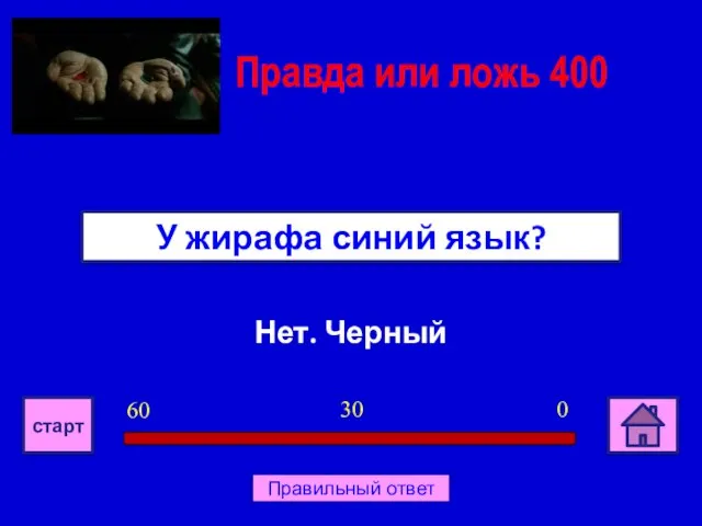 Нет. Черный У жирафа синий язык? Правда или ложь 400 0 30 60 старт Правильный ответ